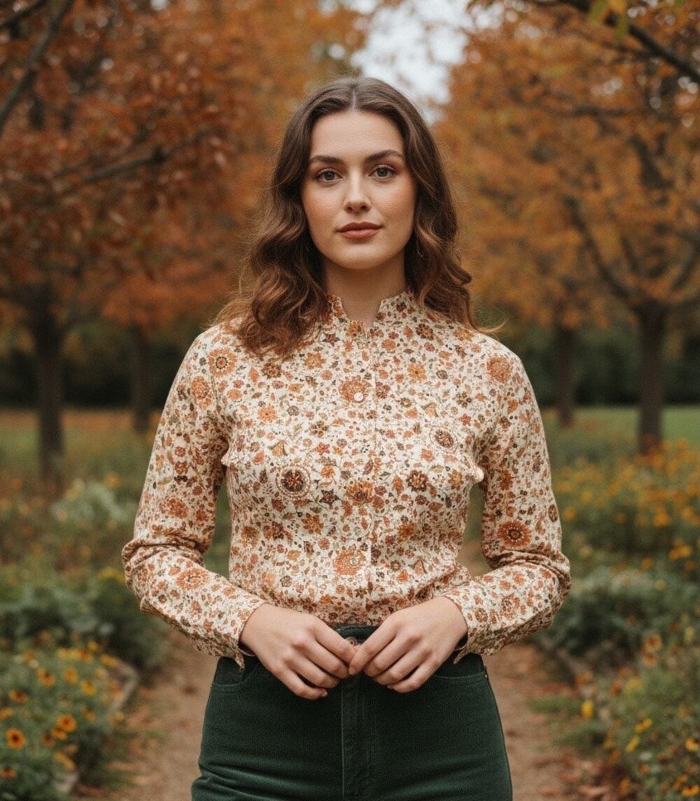 Vintage 70s Fall Floral Button‑Down Blouse